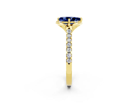 Yellow gold Pear Cut Blue Sapphire Ring with Pavé Band and Floral Prong Setting_2