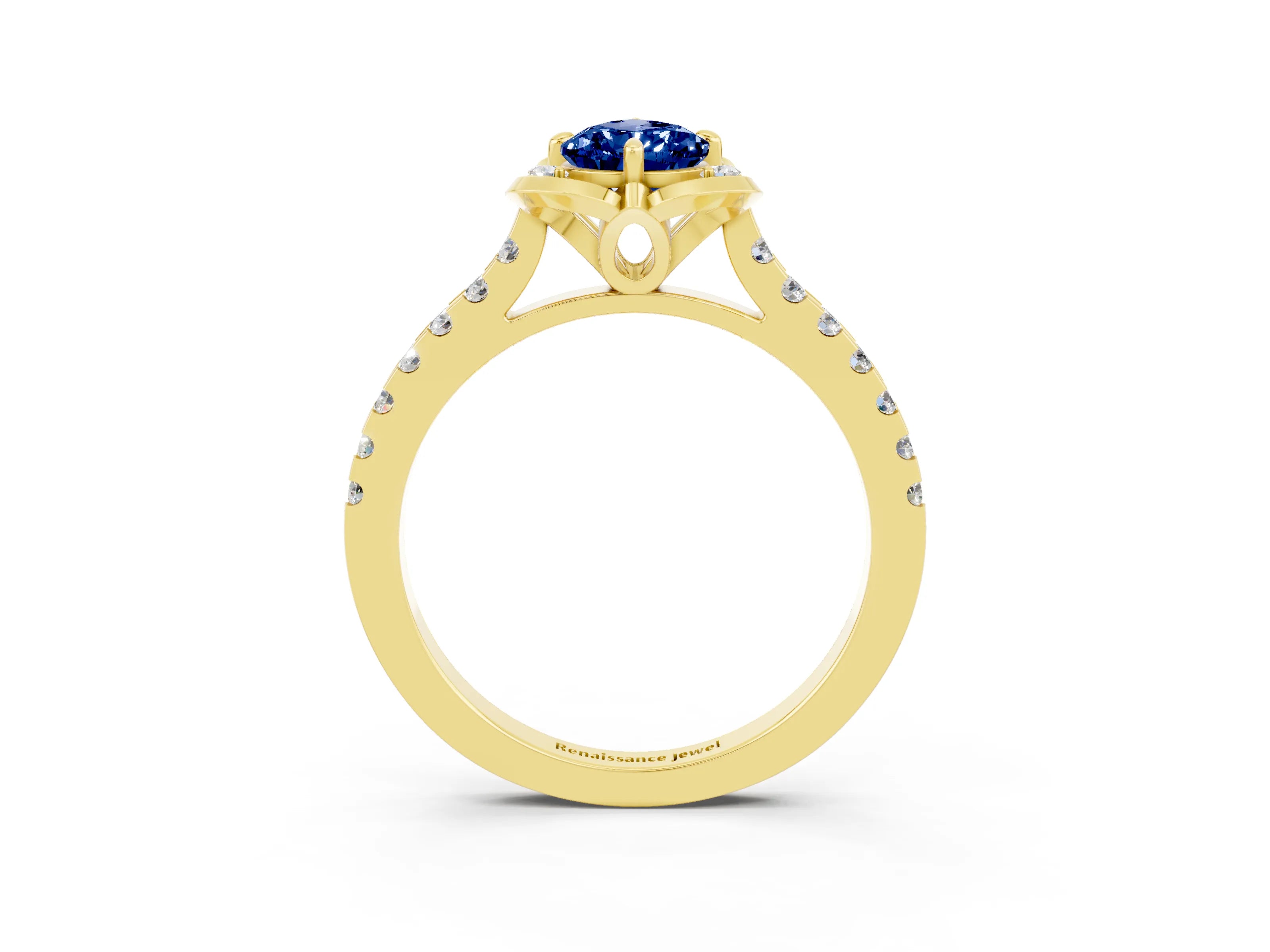 Yellow gold Pear Cut Blue Sapphire Ring with Pavé Band and Floral Prong Setting_3