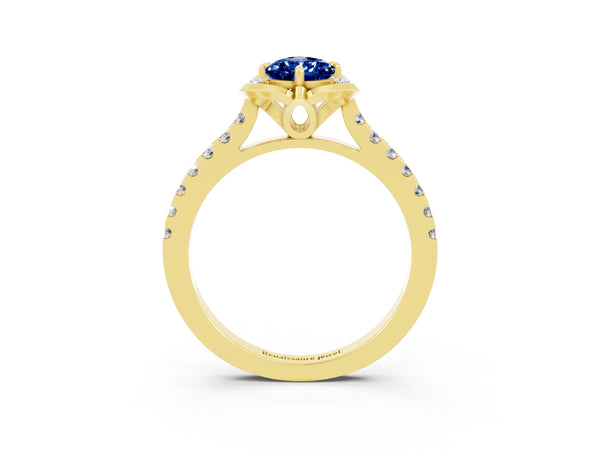 Yellow gold Pear Cut Blue Sapphire Ring with Pavé Band and Floral Prong Setting