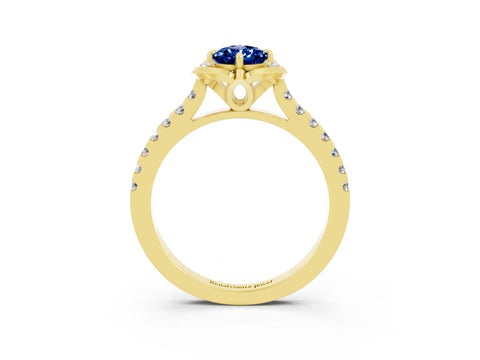 Yellow gold Pear Cut Blue Sapphire Ring with Pavé Band and Floral Prong Setting_3