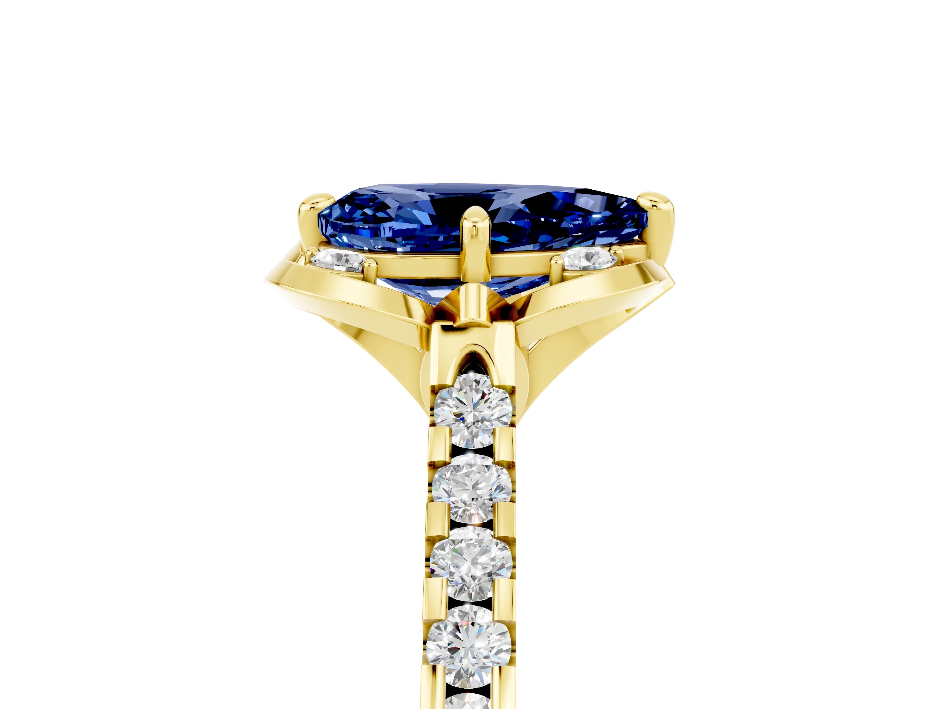 Yellow gold Pear Cut Blue Sapphire Ring with Pavé Band and Floral Prong Setting_5
