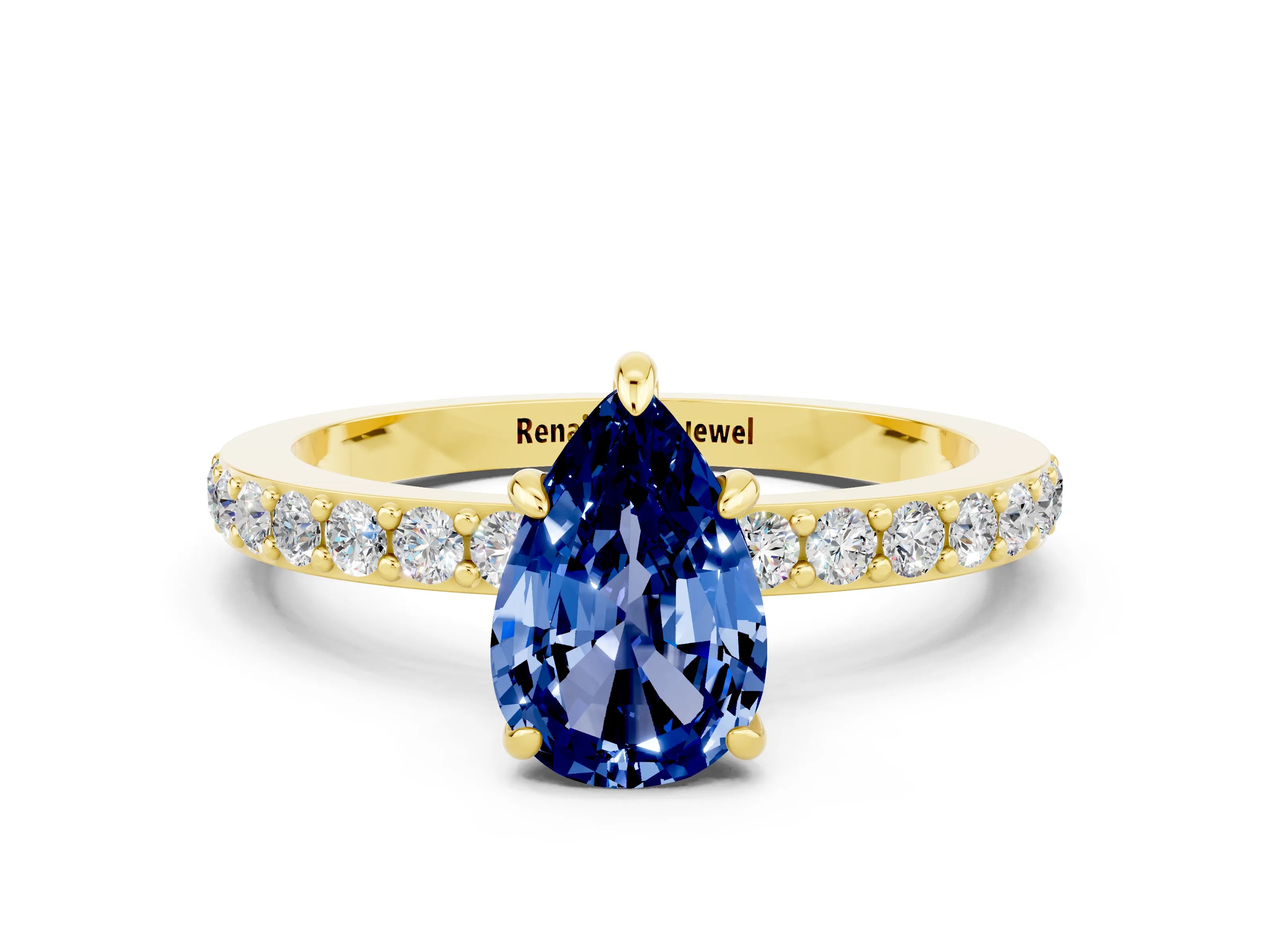 Yellow gold Pear Cut Blue Sapphire Ring with Pavé Band and Four-Prong Setting