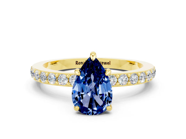 Yellow gold Pear Cut Blue Sapphire Pavé Engagement Ring with Round  Accents and Prong Setting