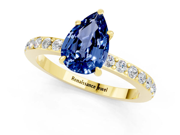 Yellow gold Pear Cut Blue Sapphire Pavé Engagement Ring with Round  Accents and Prong Setting