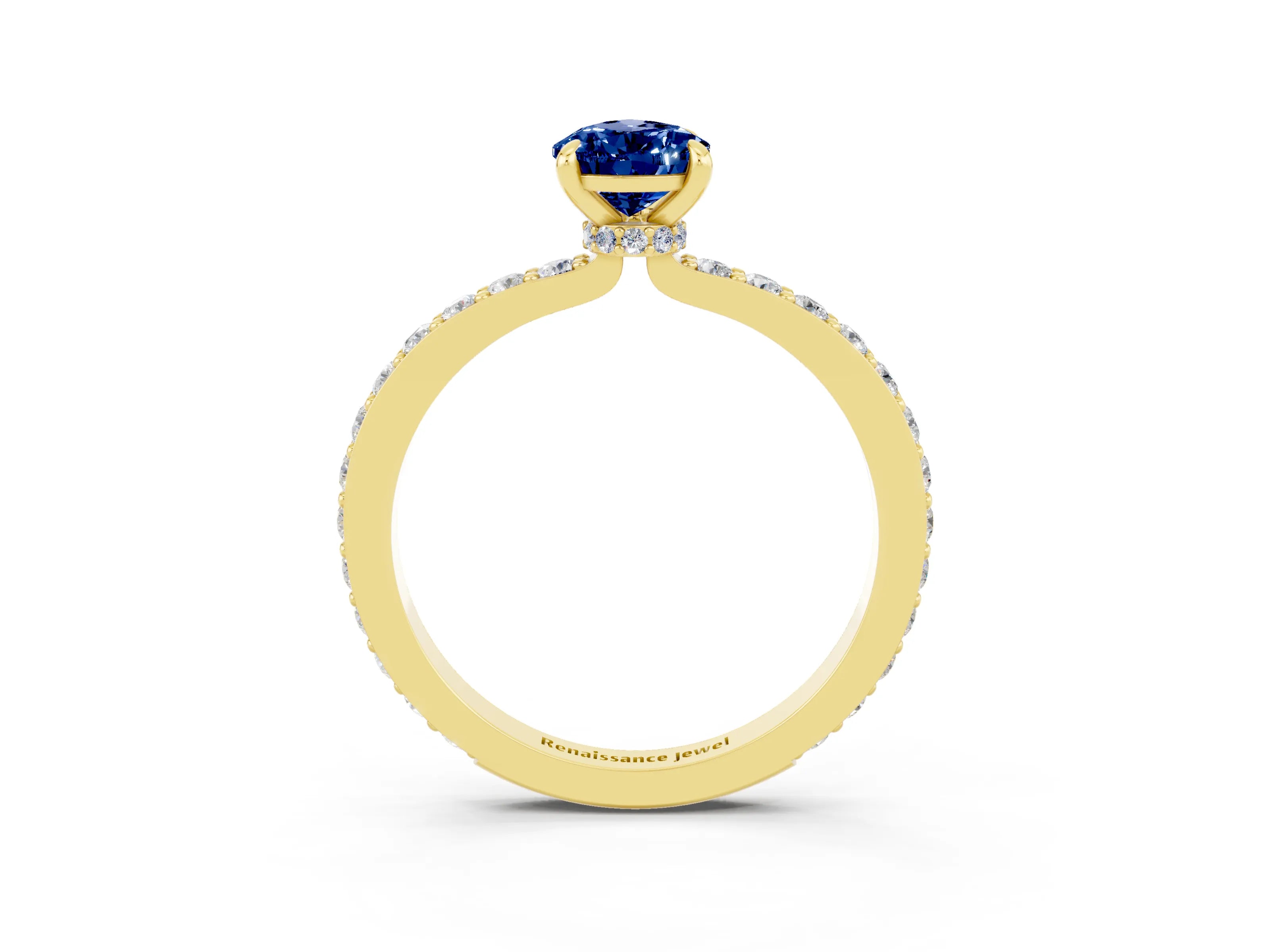 Yellow gold Pear Cut Blue Sapphire Ring with Pavé Band and Four-Prong Setting_3