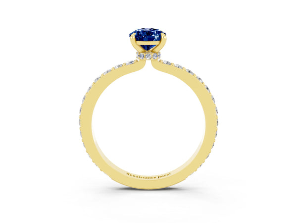 Yellow gold Pear Cut Blue Sapphire Pavé Engagement Ring with Round  Accents and Prong Setting