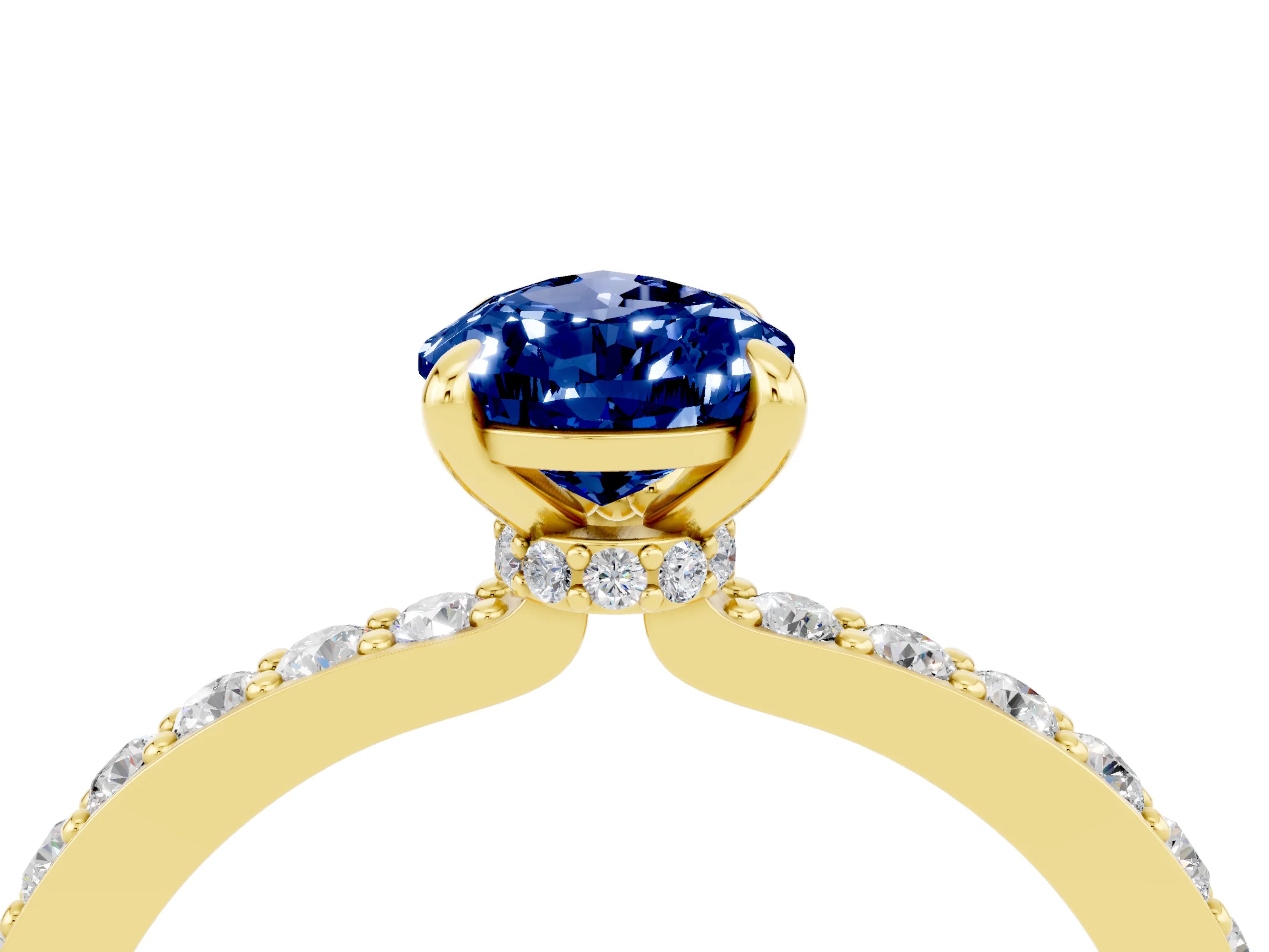 Yellow gold Pear Cut Blue Sapphire Ring with Pavé Band and Four-Prong Setting_4
