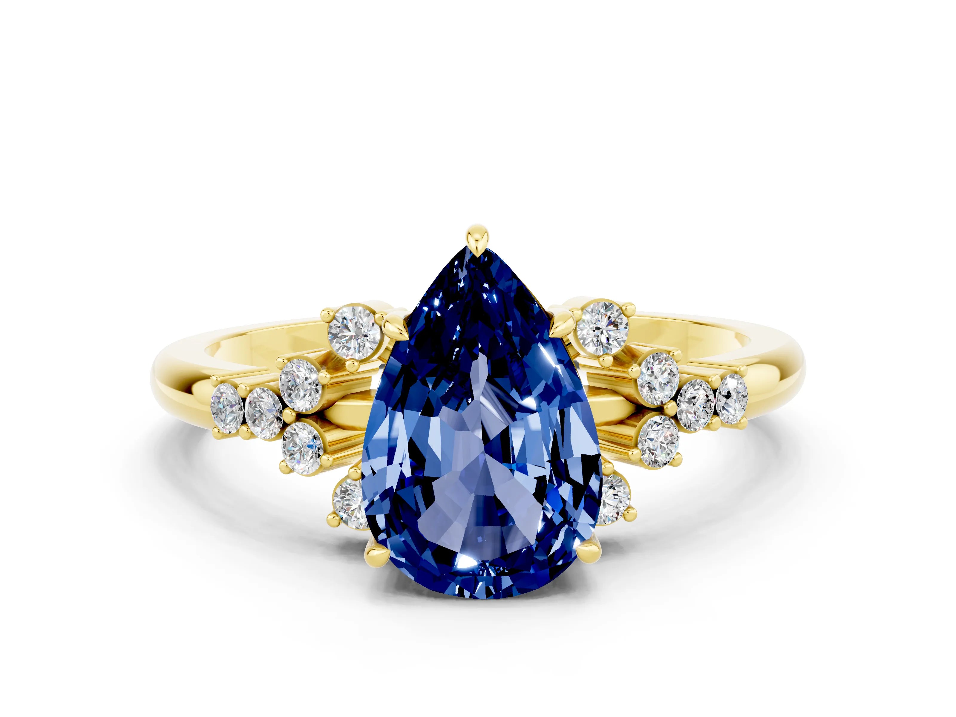 Yellow gold Pear Cut Blue Sapphire Ring with Side Stones and Four-Prong Setting_36