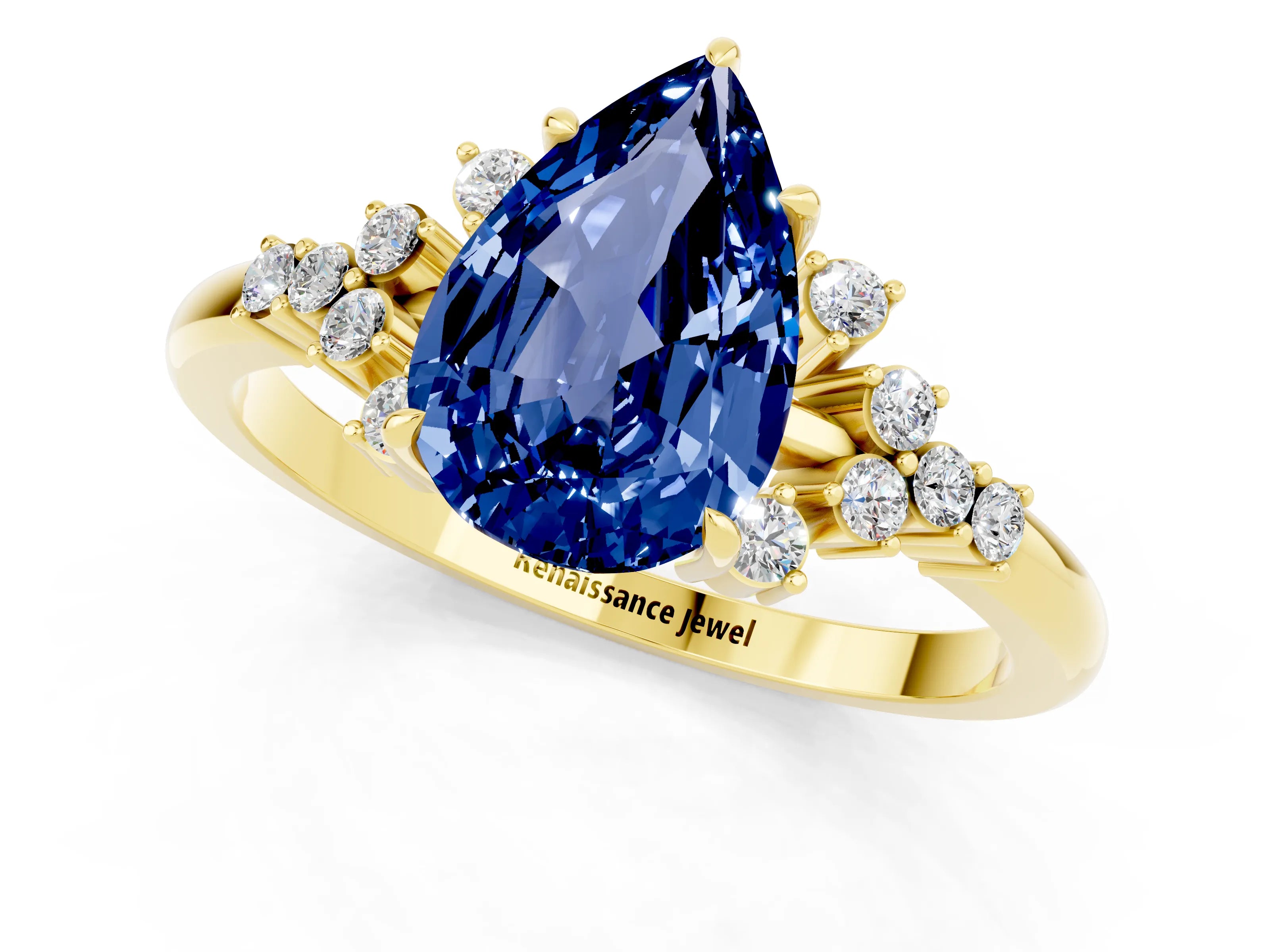 Yellow gold Pear Cut Blue Sapphire Ring with Side Stones and Four-Prong Setting_37