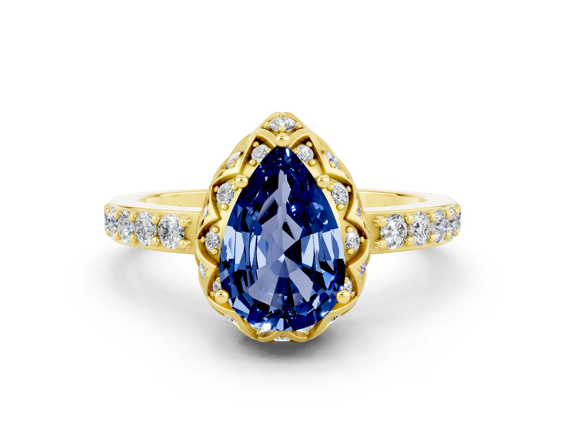 Yellow gold Pear Cut Blue Sapphire Scalloped Halo Engagement Ring with Round Shared Prong Band_24