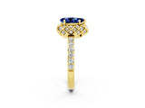 Yellow gold Pear Cut Blue Sapphire Scalloped Halo Engagement Ring with Round Shared Prong Band_26