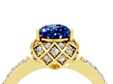 Yellow gold Pear Cut Blue Sapphire Scalloped Halo Engagement Ring with Round Shared Prong Band_28