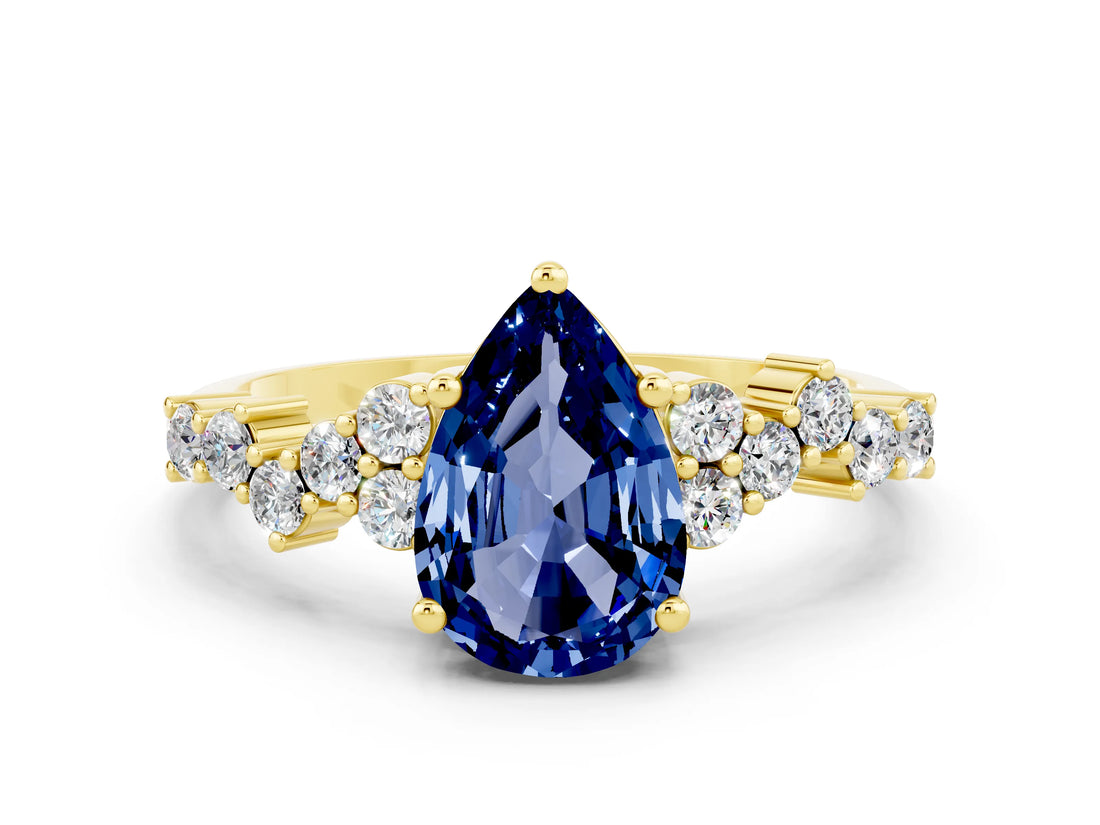 Yellow gold Pear Cut Blue Sapphire Scattered Round Accent Ring with Prong Setting_12