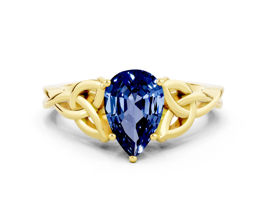 Yellow gold Pear Cut Blue Sapphire Solitaire Celtic Knot Ring with Four-Prong Setting_12