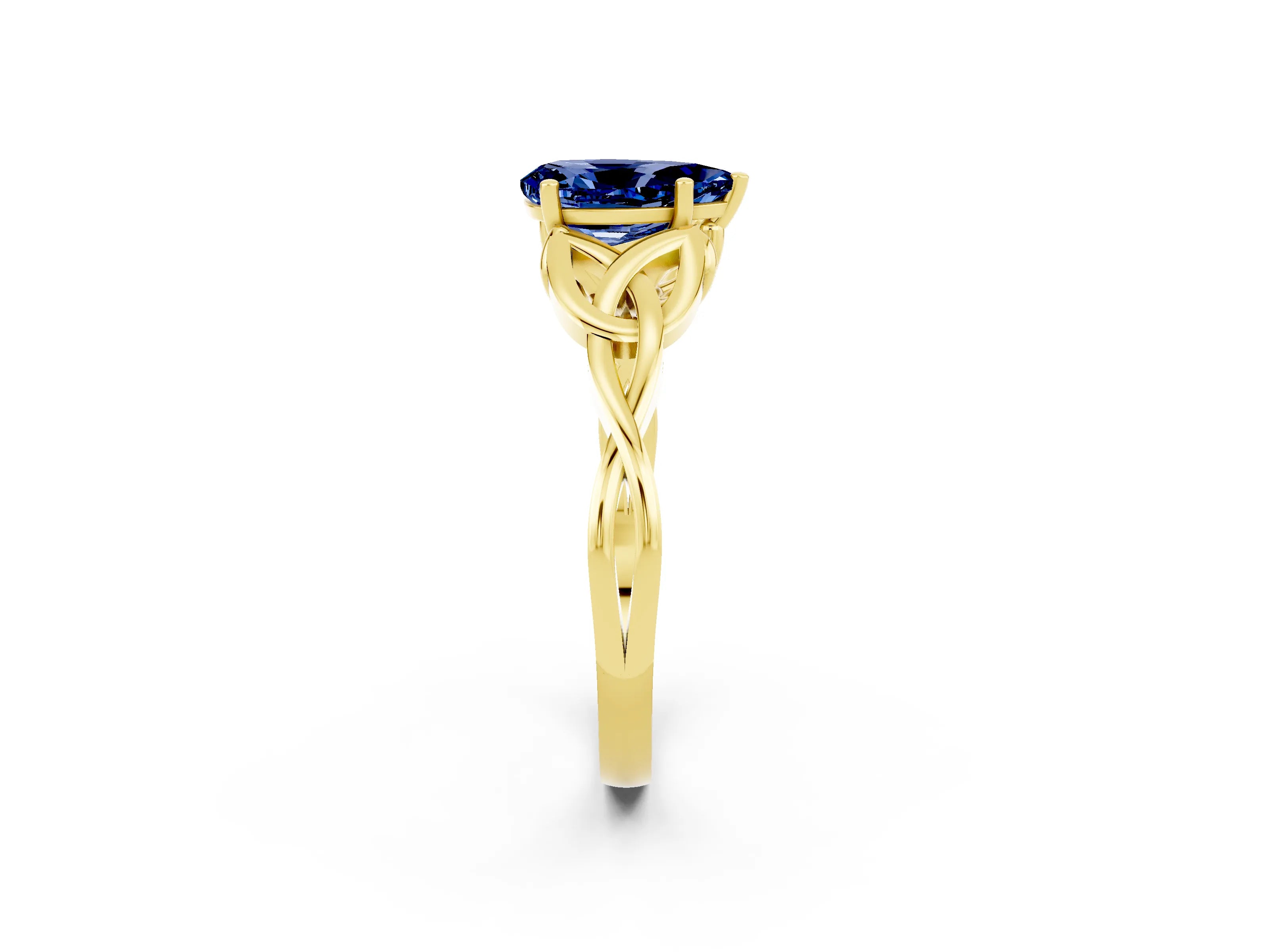 Yellow gold Pear Cut Blue Sapphire Solitaire Celtic Knot Ring with Four-Prong Setting_14