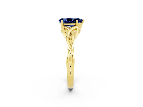 Yellow gold Pear Cut Blue Sapphire Solitaire Celtic Knot Ring with Four-Prong Setting_14