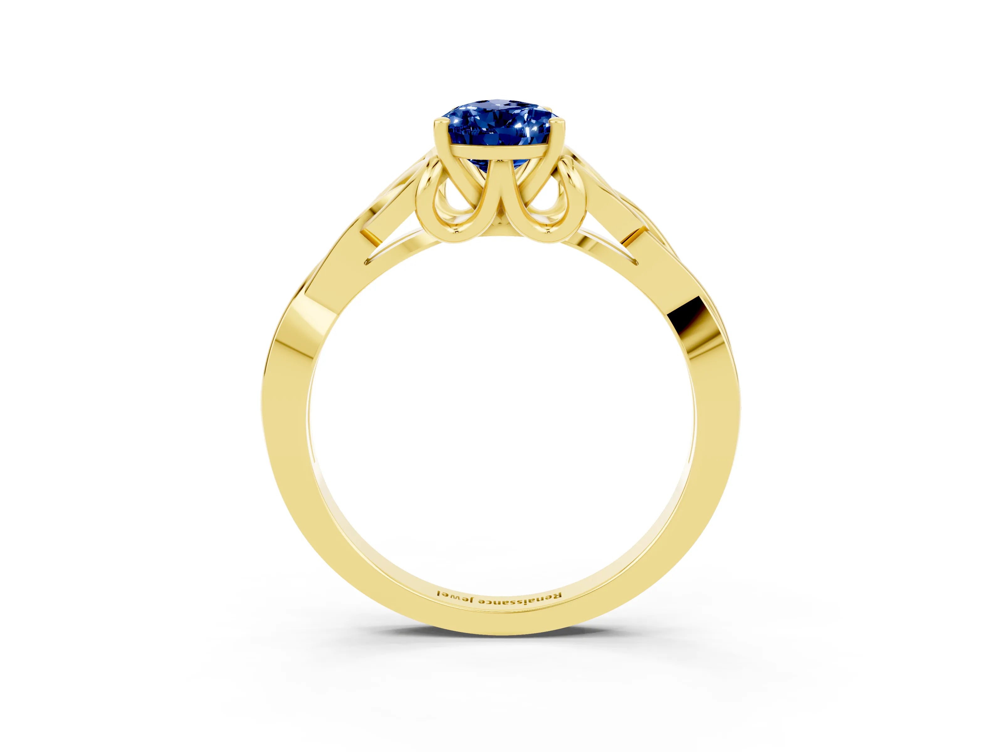 Yellow gold Pear Cut Blue Sapphire Solitaire Celtic Knot Ring with Four-Prong Setting_15