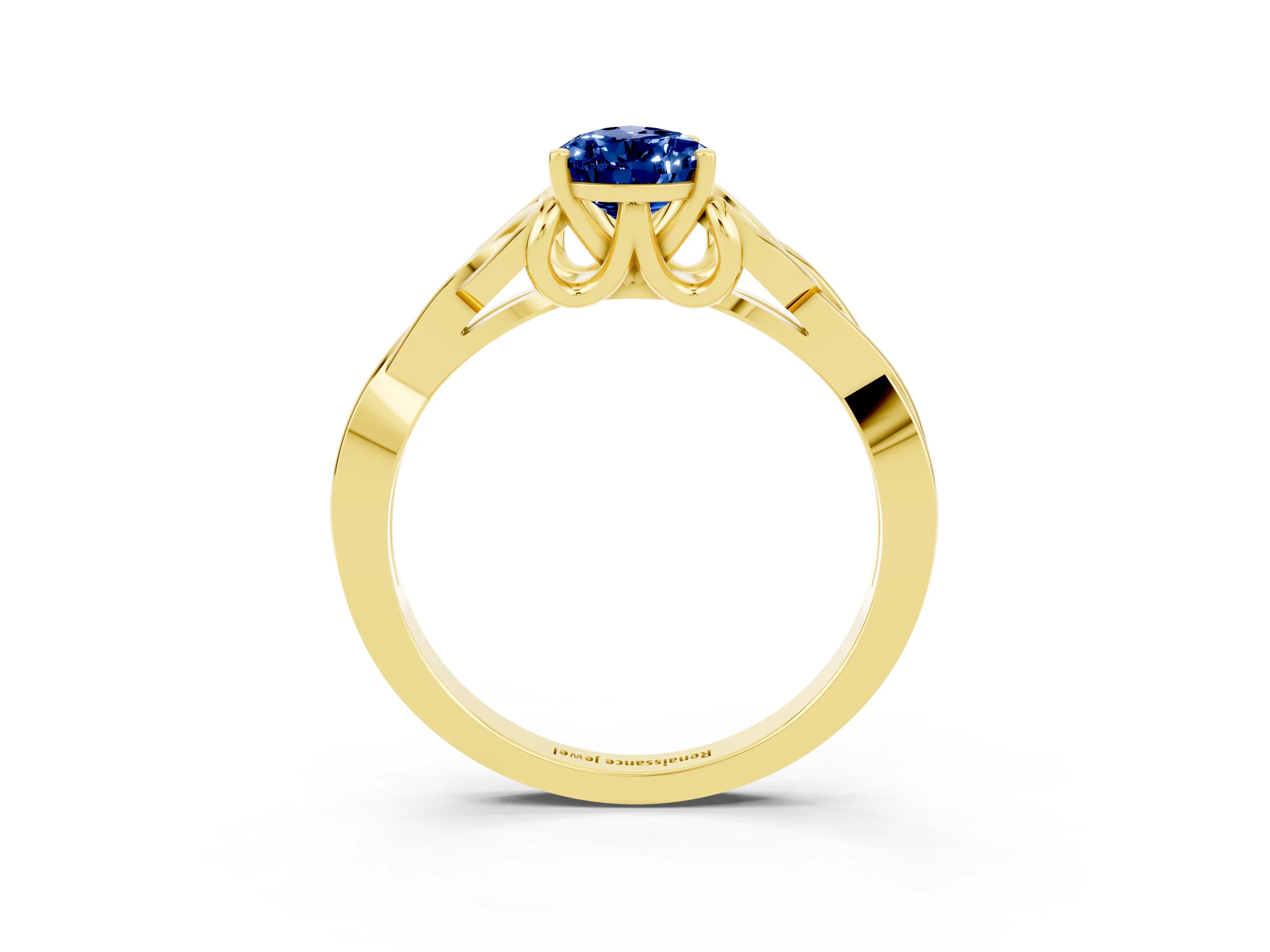 Yellow gold Pear Cut Blue Sapphire Solitaire Engagement Ring with Celtic Knot Band and Four-Prong Setting_3