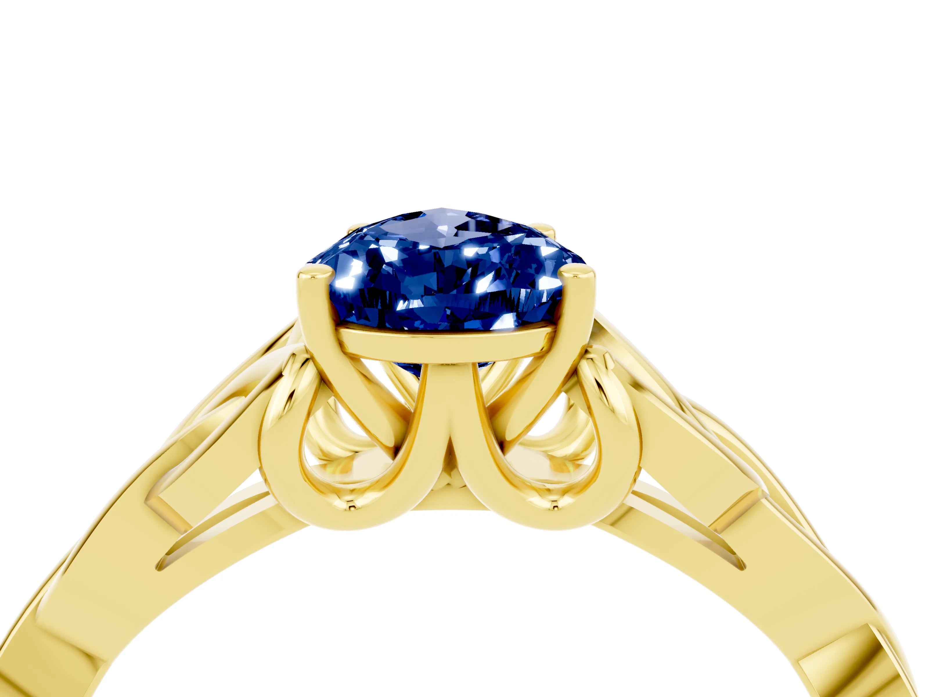 Yellow gold Pear Cut Blue Sapphire Solitaire Engagement Ring with Celtic Knot Band and Four-Prong Setting_4
