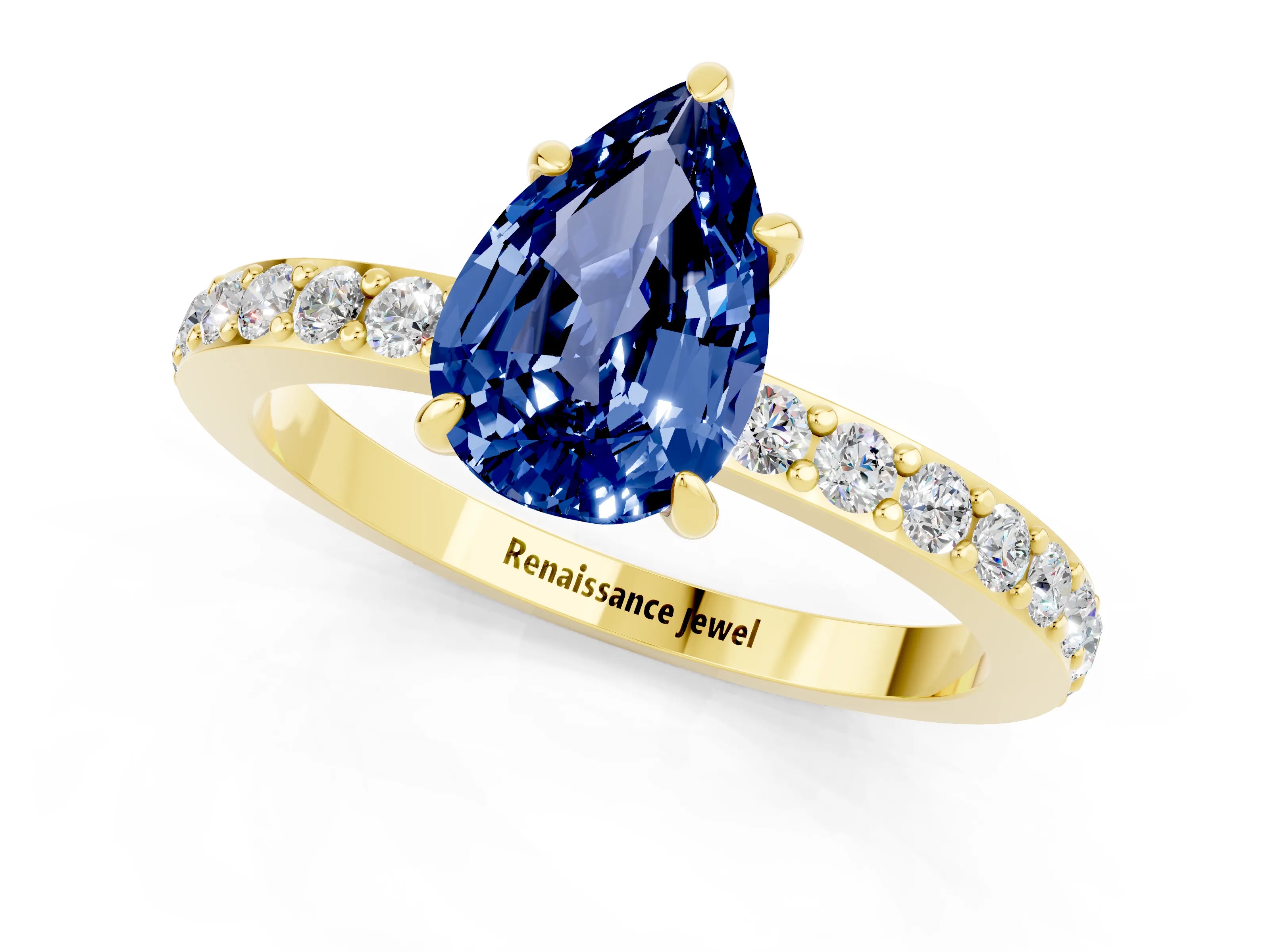 Yellow gold Pear Cut Blue Sapphire Solitaire Engagement Ring with Pavé Band and Four-Prong Setting_1
