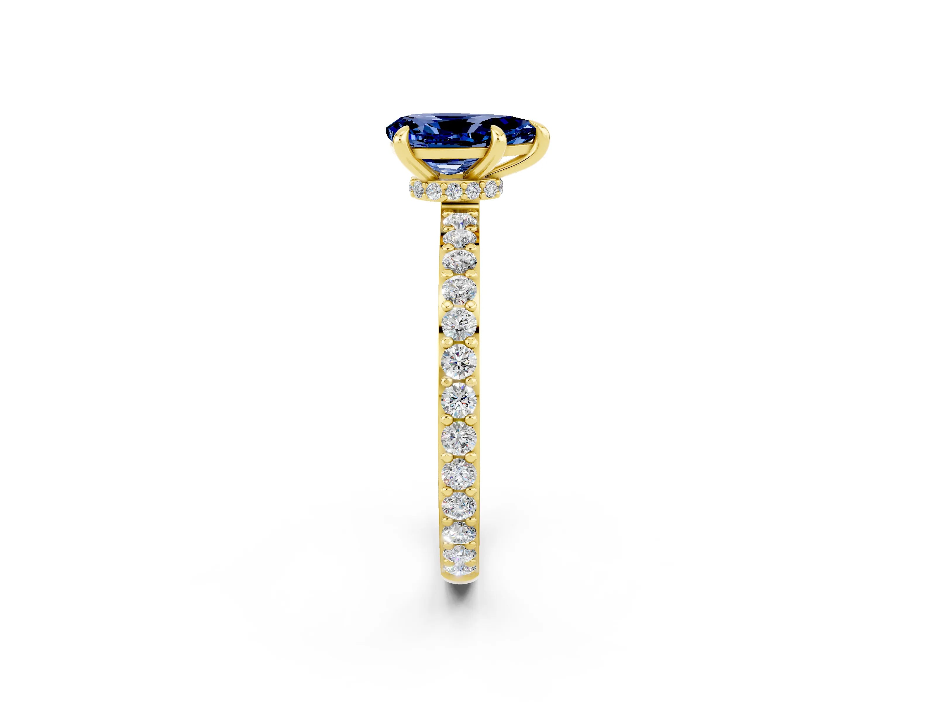 Yellow gold Pear Cut Blue Sapphire Solitaire Engagement Ring with Pavé Band and Four-Prong Setting_2