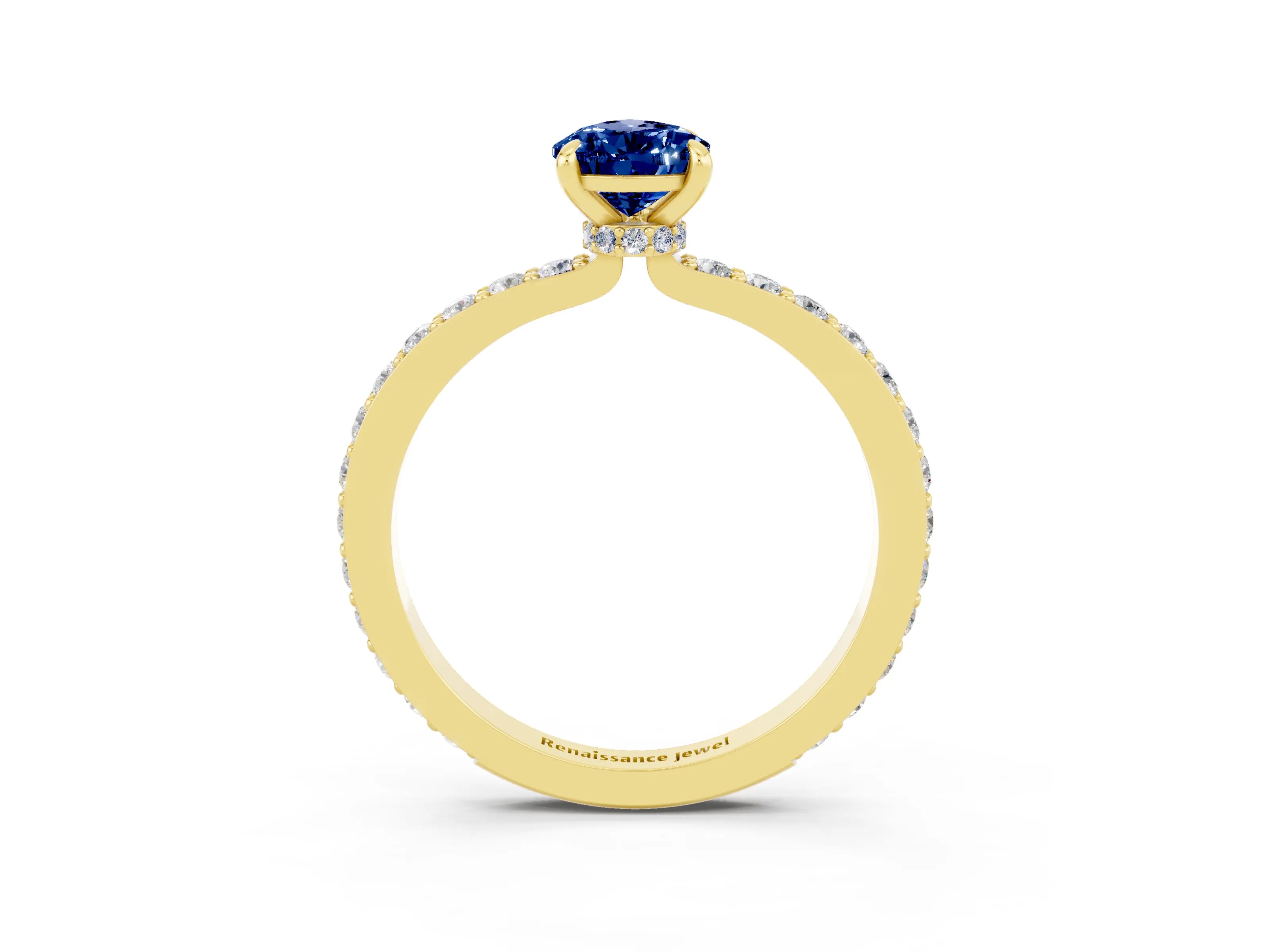 Yellow gold Pear Cut Blue Sapphire Solitaire Engagement Ring with Pavé Band and Four-Prong Setting_3