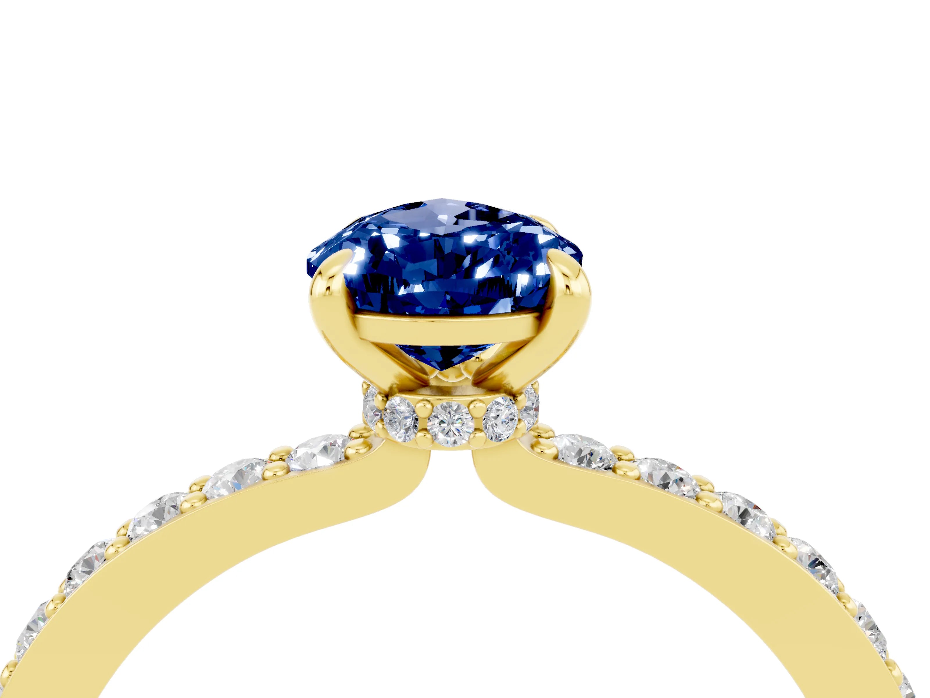 Yellow gold Pear Cut Blue Sapphire Solitaire Engagement Ring with Pavé Band and Four-Prong Setting_4