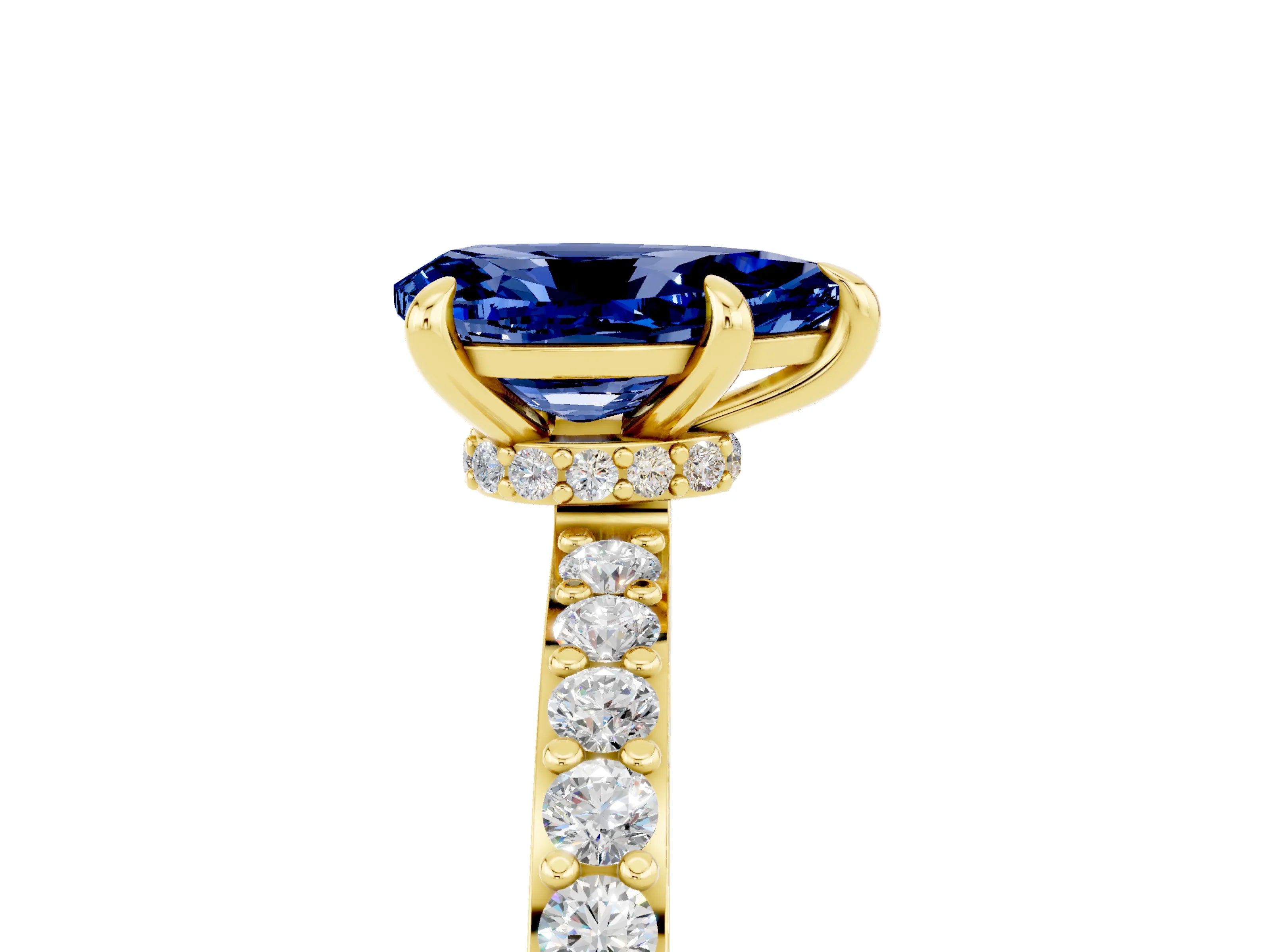 Yellow gold Pear Cut Blue Sapphire Solitaire Engagement Ring with Pavé Band and Four-Prong Setting_5