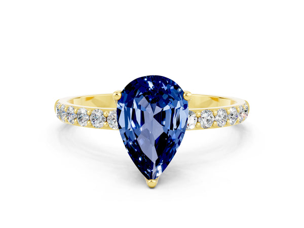 Yellow gold Pear Cut Blue Sapphire Solitaire Engagement Ring with Round  Pavé Band and Prong Setting