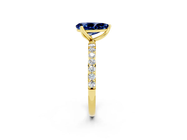 Yellow gold Pear Cut Blue Sapphire Solitaire Engagement Ring with Round  Pavé Band and Prong Setting