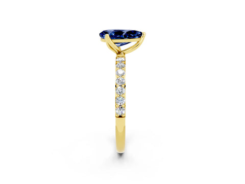 Yellow gold Pear Cut Blue Sapphire Solitaire Engagement Ring with Pavé Band and Prong Setting_2