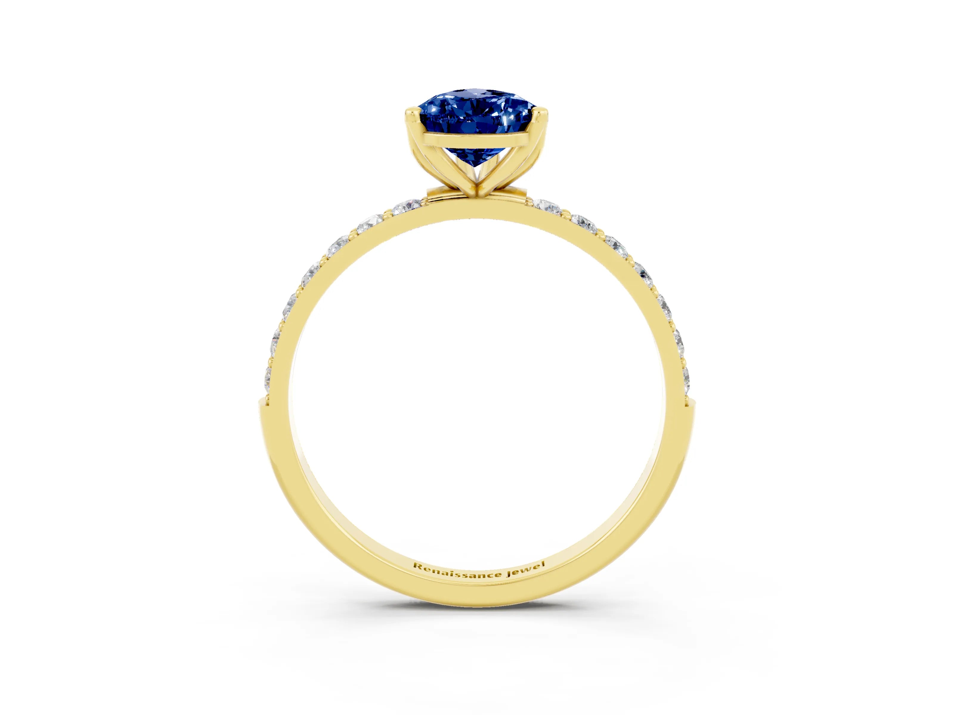 Yellow gold Pear Cut Blue Sapphire Solitaire Engagement Ring with Pavé Band and Prong Setting_3