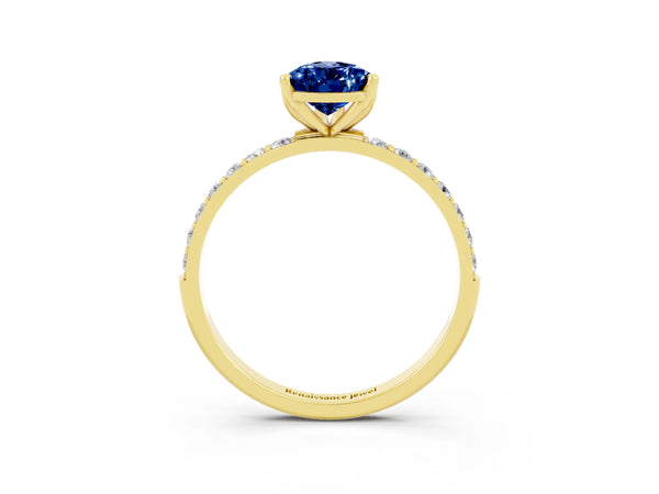 Yellow gold Pear Cut Blue Sapphire Solitaire Engagement Ring with Round  Pavé Band and Prong Setting