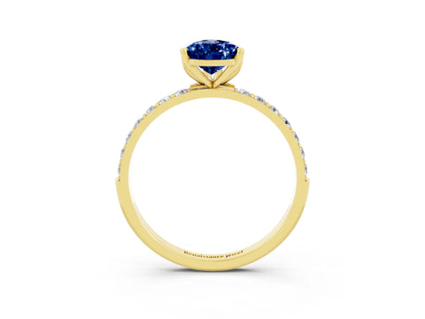 Yellow gold Pear Cut Blue Sapphire Solitaire Engagement Ring with Pavé Band and Prong Setting_3