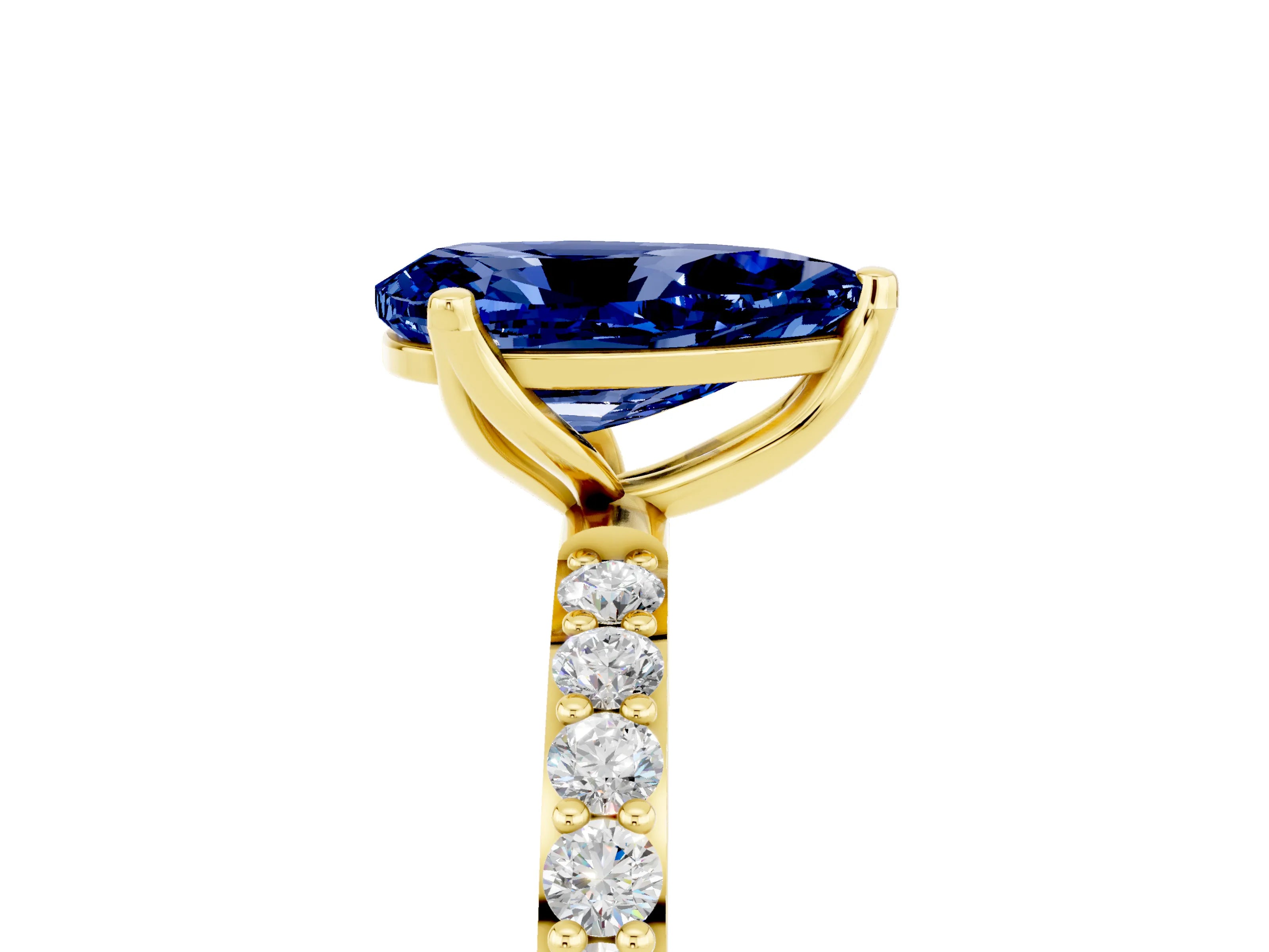 Yellow gold Pear Cut Blue Sapphire Solitaire Engagement Ring with Pavé Band and Prong Setting_5