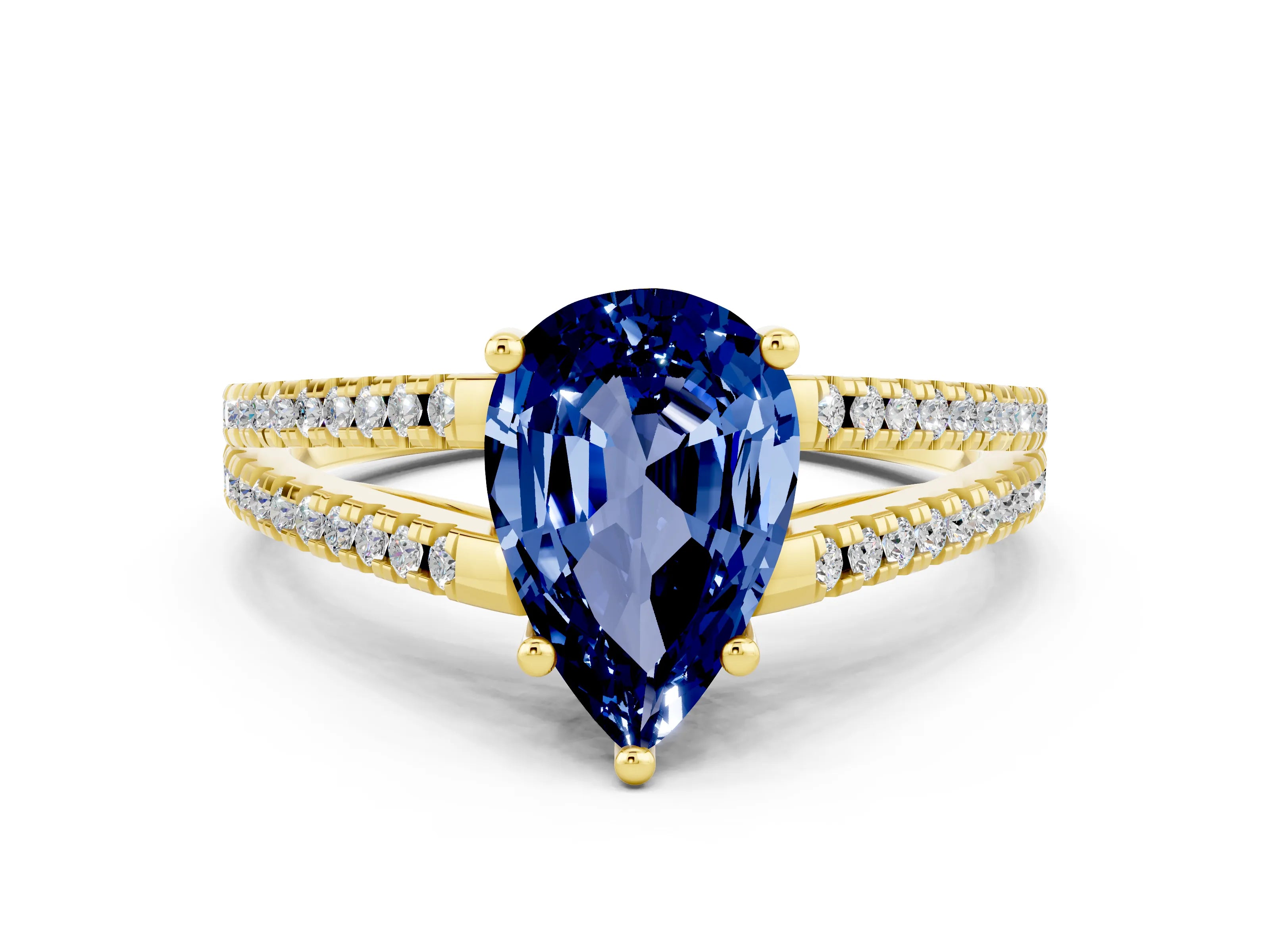 Yellow gold Pear Cut Blue Sapphire Solitaire Engagement Ring with Split Shank Pavé Band