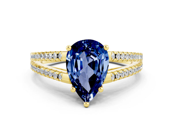 Yellow gold Pear Cut Blue Sapphire Solitaire Engagement Ring with Split Shank Pavé Band