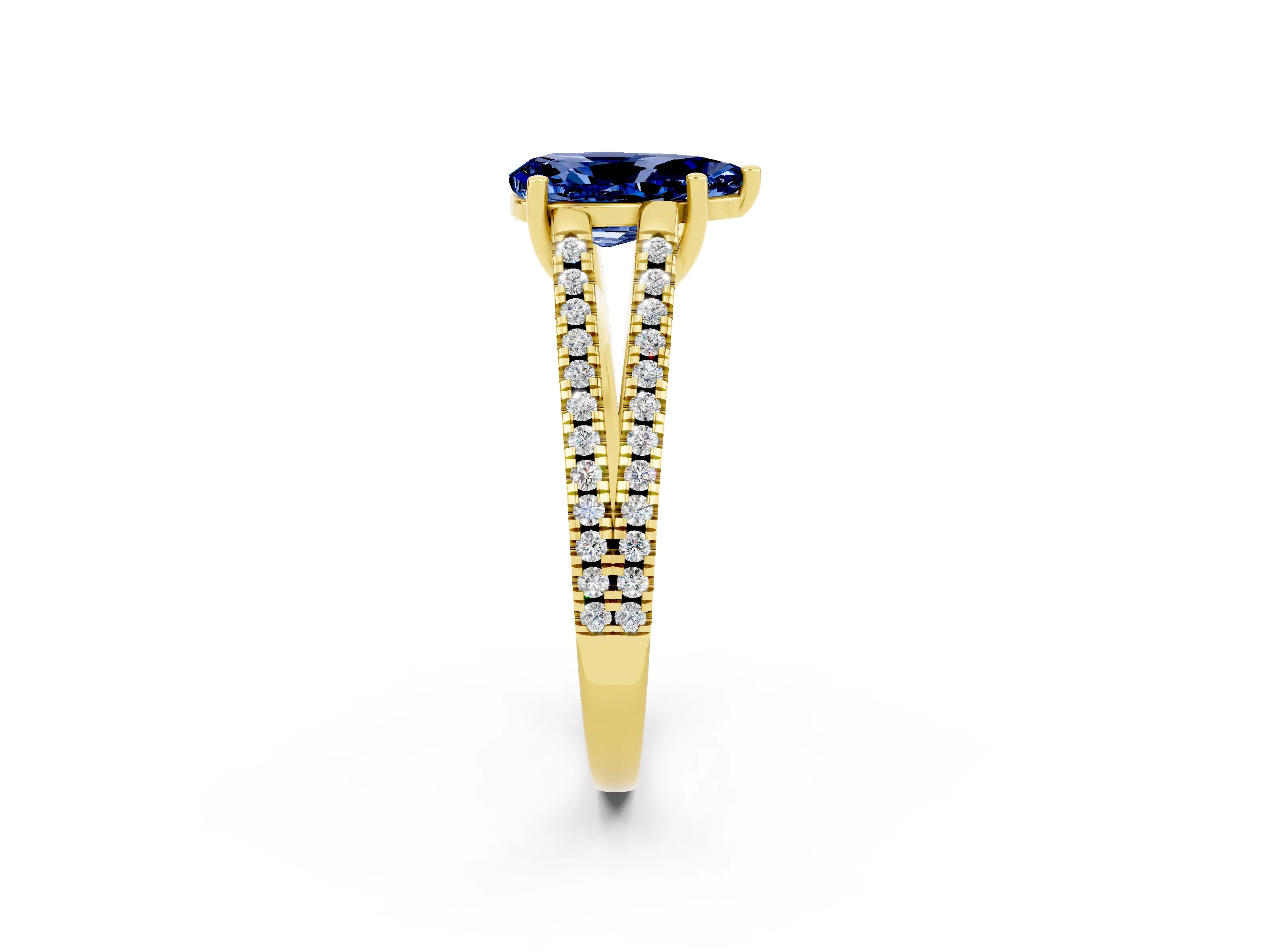 Yellow gold Pear Cut Blue Sapphire Solitaire Engagement Ring with Split Shank Pavé Band_2