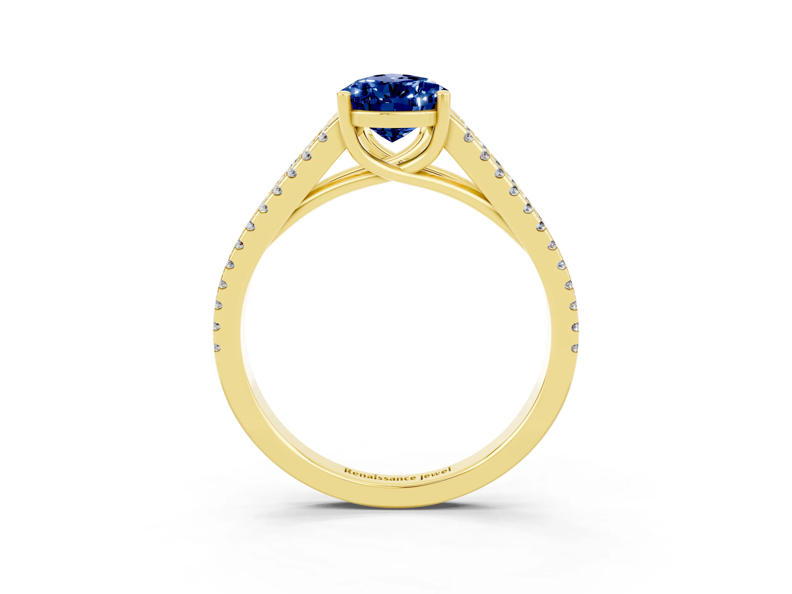 Yellow gold Pear Cut Blue Sapphire Solitaire Engagement Ring with Split Shank Pavé Band_3
