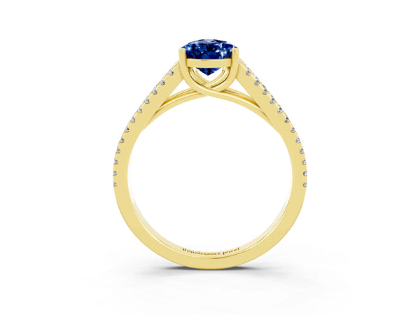 Yellow gold Pear Cut Blue Sapphire Solitaire Engagement Ring with Split Shank Pavé Band