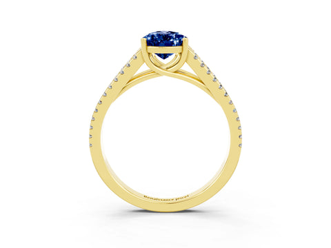 Yellow gold Pear Cut Blue Sapphire Solitaire Engagement Ring with Split Shank Pavé Band_3