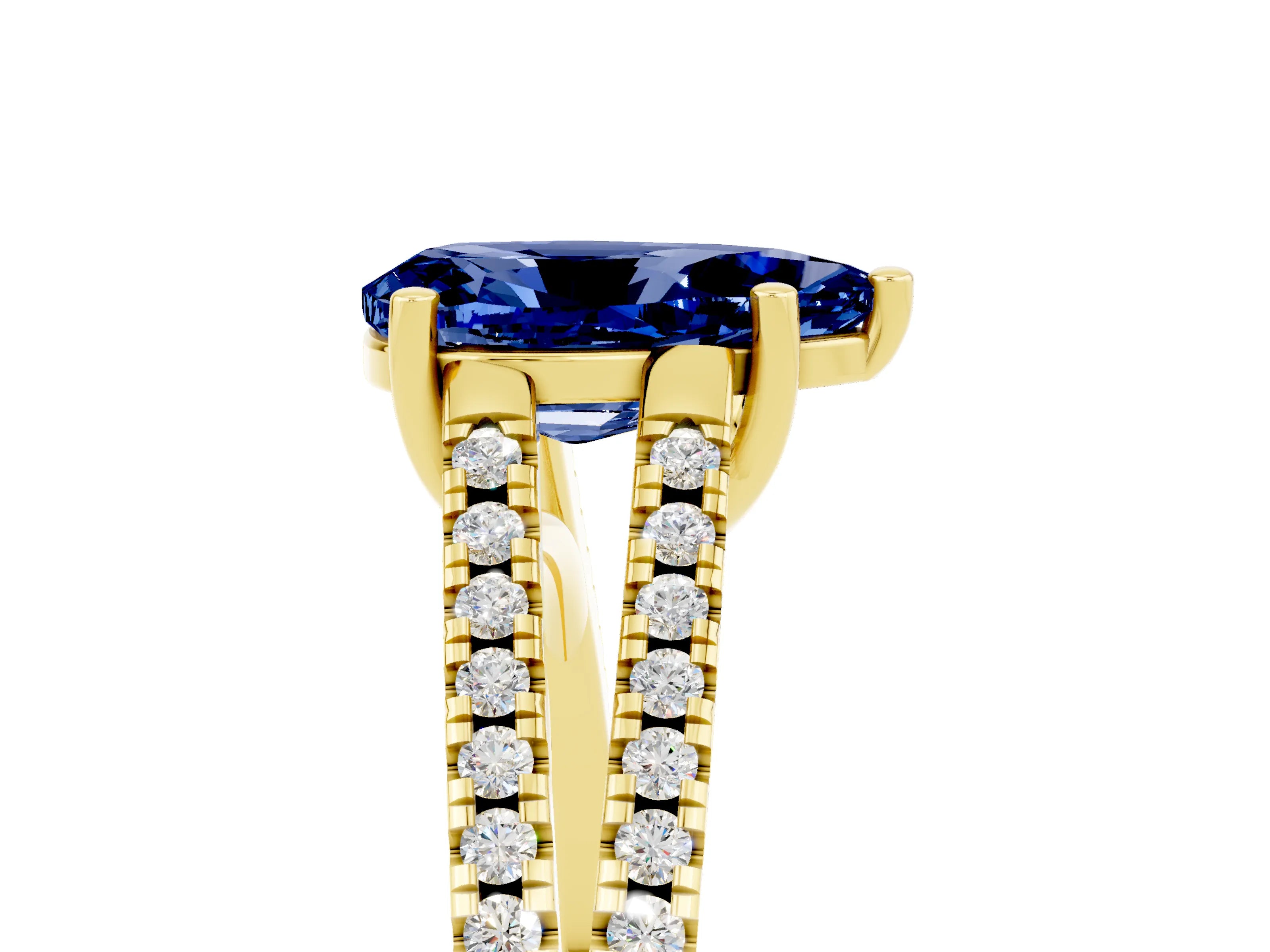 Yellow gold Pear Cut Blue Sapphire Solitaire Engagement Ring with Split Shank Pavé Band_5