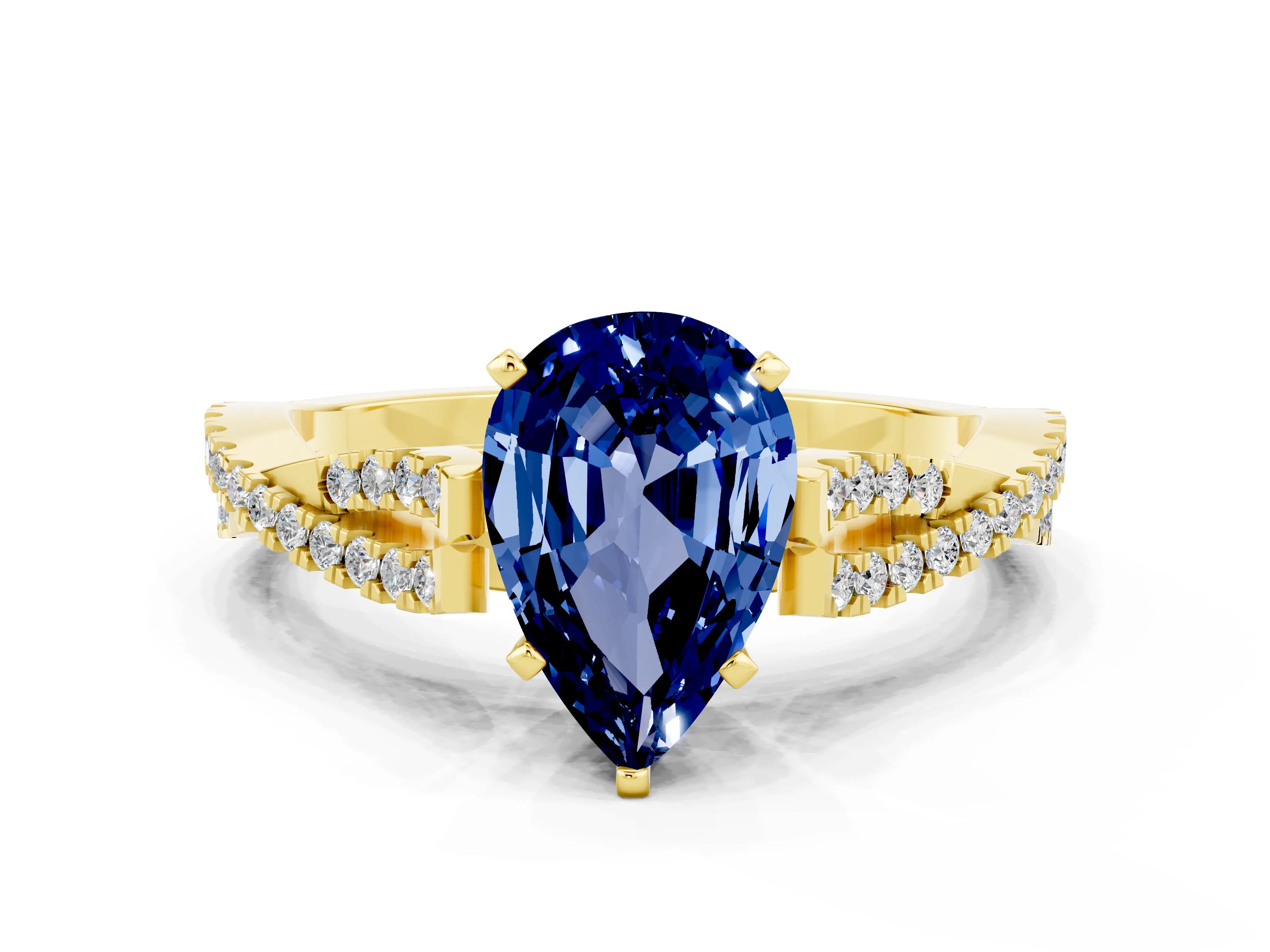 Yellow gold Pear Cut Blue Sapphire Solitaire Engagement Ring with Twisted Pavé Band and Four-Prong Setting