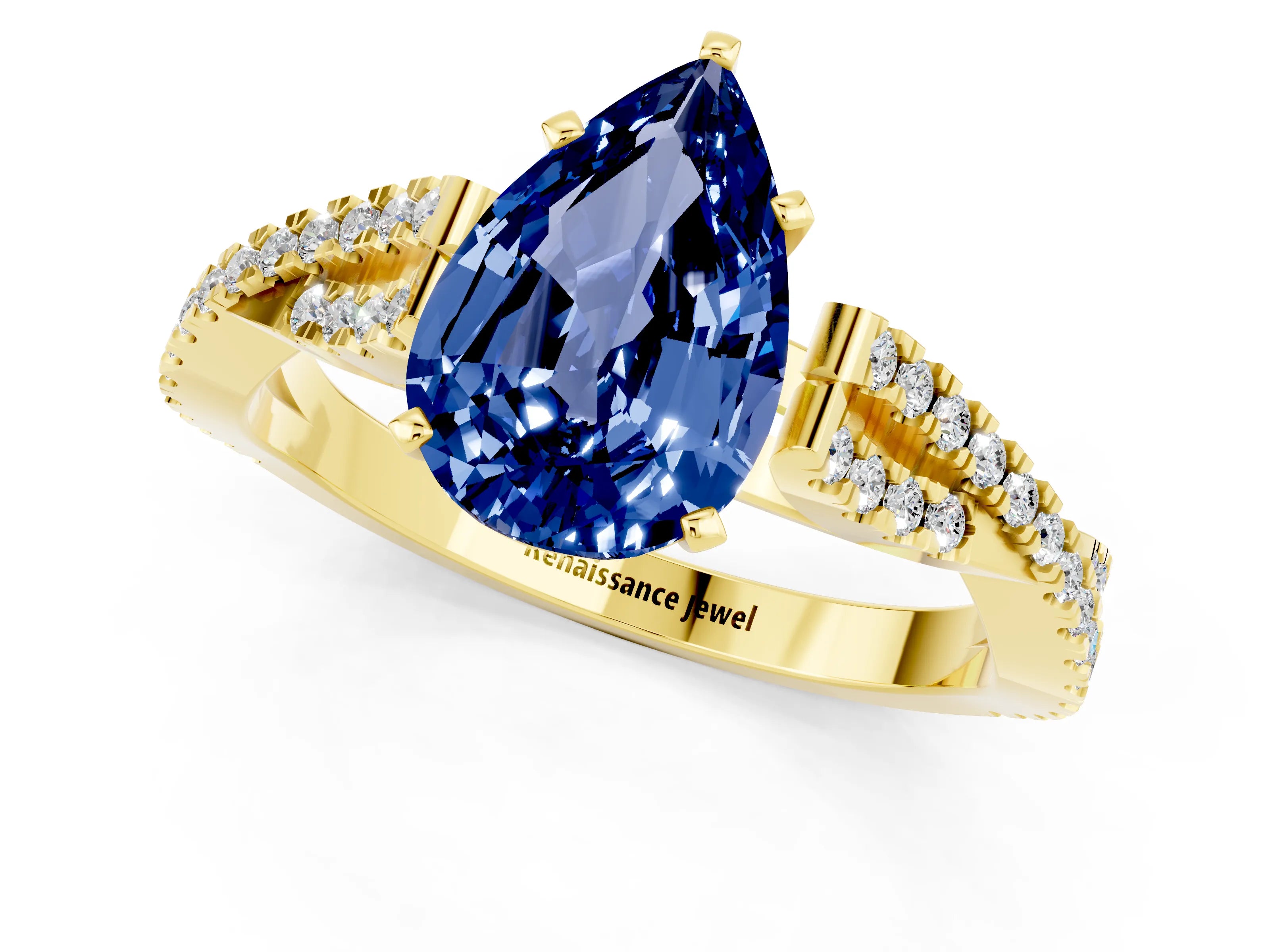 Yellow gold Pear Cut Blue Sapphire Solitaire Engagement Ring with Twisted Pavé Band and Four-Prong Setting_1