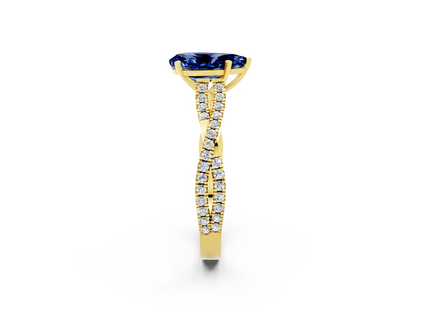 Yellow gold Pear Cut Blue Sapphire Solitaire Engagement Ring with Twisted Pavé Band and Four-Prong Setting