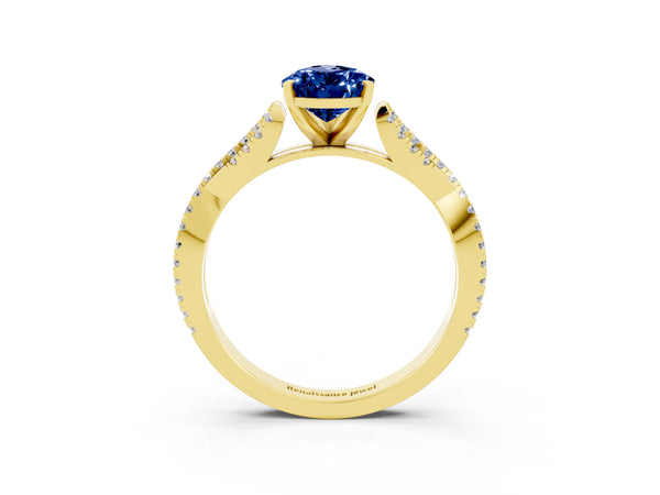Yellow gold Pear Cut Blue Sapphire Solitaire Engagement Ring with Twisted Pavé Band and Four-Prong Setting