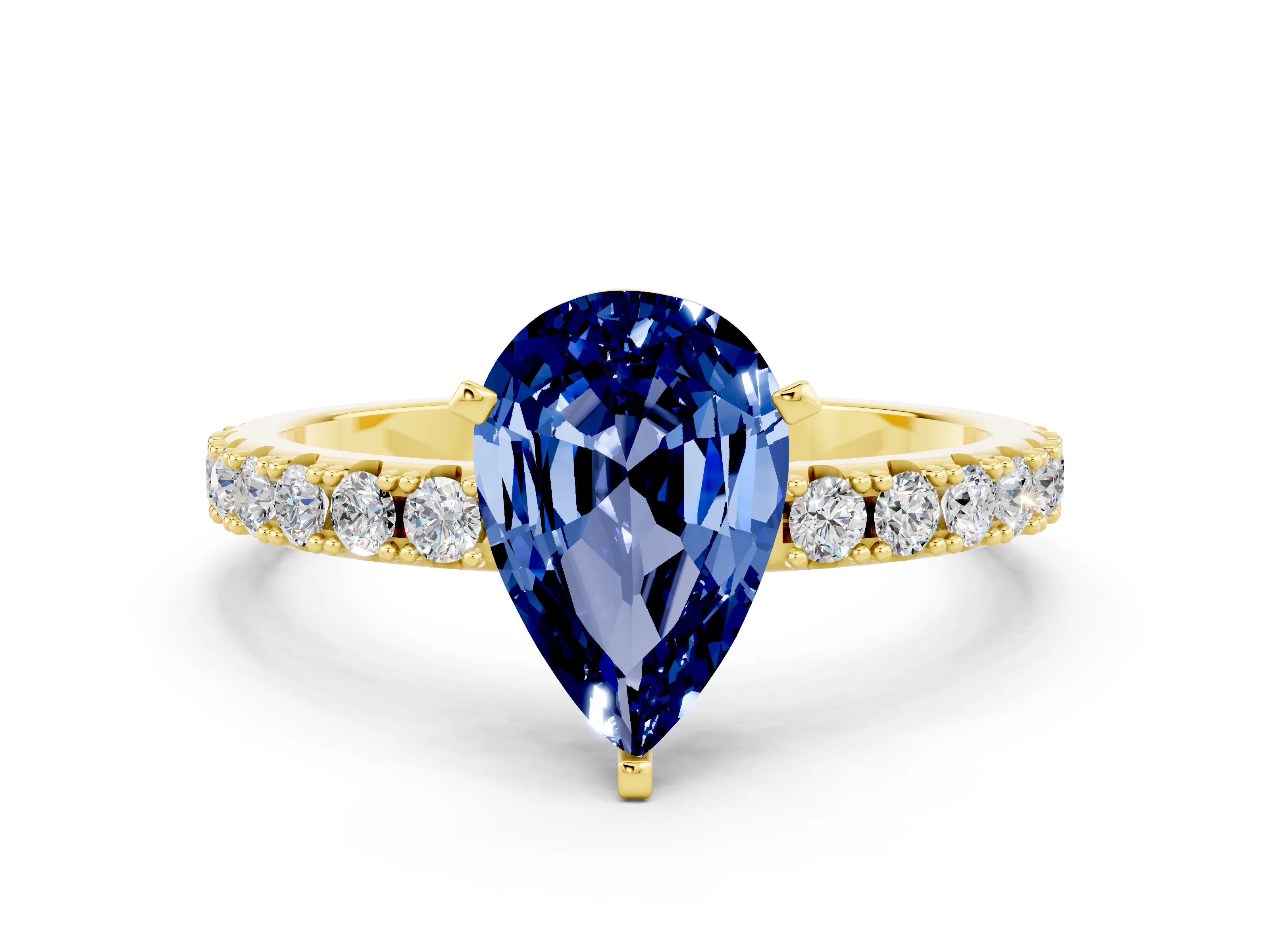 Yellow gold Pear Cut Blue Sapphire Solitaire Pavé Band with Four-Prong Setting