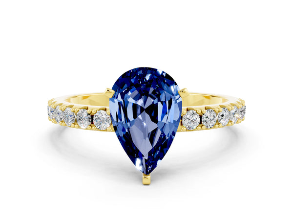 Yellow gold Pear Cut Blue Sapphire Solitaire Pavé Band with Four-Prong Setting
