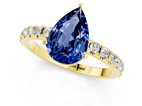 Yellow gold Pear Cut Blue Sapphire Solitaire Pavé Band with Four-Prong Setting