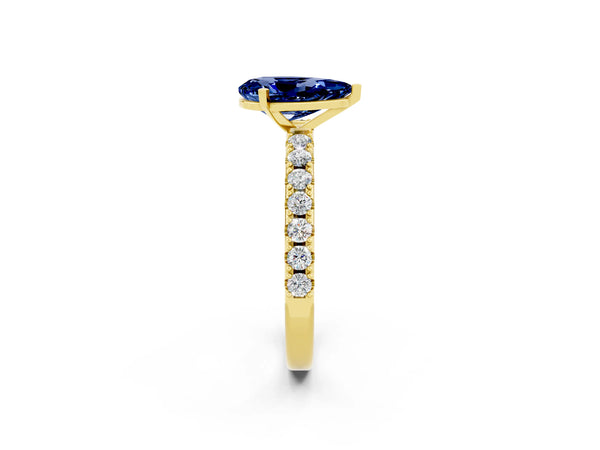 Yellow gold Pear Cut Blue Sapphire Solitaire Pavé Band with Four-Prong Setting